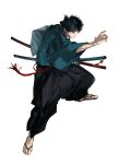  1boy arlizi black_hair black_hakama chinese_knot commentary fate/samurai_remnant fate_(series) fighting_stance flower_knot full_body green_eyes green_kimono hair_between_eyes hakama hakama_pants highres japanese_clothes katana kimono long_sleeves looking_at_viewer male_focus miyamoto_iori_(fate) outstretched_arm pants parted_lips sandals sheath sheathed simple_background solo standing sword tassel toes topknot waraji weapon white_background wide_sleeves 