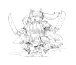  2girls armor biko_pegasus_(umamusume) breastplate closed_eyes commentary_request dual_wielding full_body greyscale hair_bobbles hair_ornament hishi_akebono_(umamusume) holding holding_sword holding_weapon horse_girl horse_tail lifting_person long_hair monochrome multiple_girls onikobe_rin open_mouth short_hair simple_background sword tail twintails umamusume v-shaped_eyebrows weapon 
