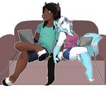  anthro canine clothed clothing computer duo equine female girly hand_holding headphones headset horse laptop male mammal redpixie sitting smile video_games 