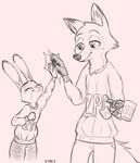  anthro canine ciwi clothed clothing cup dipstick_ears disney duo eyes_closed female fox fur half-closed_eyes high_five judy_hopps lagomorph male mammal monochrome nick_wilde rabbit signature size_difference smile sweater text zootopia 
