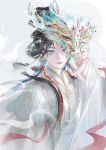  1girl aqua_eyeliner black_hair blue_flower blue_mask chinese_clothes chinese_commentary closed_mouth clouded_loong_(infinity_nikki) commentary_request dragon_mask earrings eyelashes eyeshadow flower forehead_jewel grey_background grey_eyes hagoromo hair_bun hair_flower hair_ornament half_updo hanfu happy highres holding holding_mask infinity_nikki jewelry lipstick long_hair long_sleeves looking_at_viewer makeup mask nail_polish nikki_(series) parted_bangs pink_eyeshadow pink_lips pink_nails shawl single_hair_bun situ_ming_ling_hua_yi slit_pupils smile smoke solo tsurime upper_body very_long_hair white_hanfu white_shawl wide_sleeves 