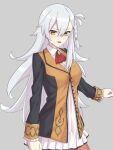 1girl :o antenna_hair ascot blush braid brooch buttons clip_studio_paint_(medium) coat commentary_request crossed_bangs dress elfenlied22 fate/grand_order fate_(series) grey_background hair_between_eyes jewelry long_hair long_sleeves looking_at_viewer olga_marie_animusphere open_mouth orange_pantyhose pantyhose red_ascot side_braid simple_background solo very_long_hair white_dress white_hair yellow_eyes 