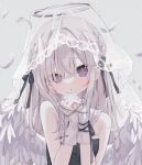  1girl :o bare_shoulders black_bow black_dress bow braid brown_hair commentary cross dress english_commentary feathered_wings feathers grey_background grey_eyes hair_bow hair_over_one_eye halo head_tilt hoshi_(snacherubi) interlocked_fingers latin_cross long_hair looking_at_viewer original own_hands_clasped own_hands_together parted_lips signature simple_background solo upper_body veil very_long_hair white_feathers white_wings wings 