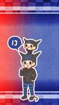  blue_background brown_hair chain chibi cigarette countdown danganronpa dual_persona gradient gradient_background hand_on_hip hat horned_headwear hoshi_ryouma jacket leather leather_jacket male_focus multiple_boys new_danganronpa_v3 pants red_background simple_background smile spoken_number standing_on_head striped striped_pants two-tone_background yumaru_(marumarumaru) 