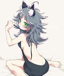  animal_ears antenna_hair ass backless_dress backless_outfit bare_back bare_shoulders barefoot blush breasts butt_crack character_name dress from_behind gen_(gen_m_gen) green_eyes grey_hair halterneck highres looking_at_viewer looking_back medium_breasts meme_attire messy_hair naked_sweater puzzle_&amp;_dragons romia_(p&amp;d) sideboob sitting solo sweater sweater_dress turtleneck turtleneck_sweater virgin_killer_sweater wariza wolf_ears 