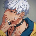  1boy \\// barbell_piercing blue_eyes blue_jacket blurry blush captive_bead_ring chain chain_leash collar collarbone dark-skinned_male dark_skin depth_of_field ear_piercing earrings english_text face_piercing film_grain grey_background half-closed_eyes hand_up highres hoop_earrings industrial_piercing jacket jewelry layered_shirt leash lip_piercing lip_ring long_sleeves looking_afar male_focus mammon_(obey_me!) multicolored_eyes multicolored_jacket multiple_earrings multiple_rings necklace obey_me!:_one_master_to_rule_them_all! parted_lips piercing pinky_ring portrait ring shiny_lips short_hair silver_ring solo spiked_collar spiked_ear_piercing spikes sushi_(ekakizu) swept_bangs two-tone_eyes two-tone_jacket v v_over_mouth white_hair white_nails yellow_eyes yellow_jacket 