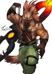  2014 5_fingers abs angry anthro armpits belt biceps big_muscles big_weapon black_claws brown_fur brown_hair claws clothed clothing digital_media_(artwork) ear_piercing fangs fur gompriest hair hand_behind_head hyena long_ears looking_away male mammal melee_weapon multicolored_fur muscular muscular_male orange_eyes pants pecs piercing pointy_ears raised_arm scar sharp_teeth simple_background smile solo teeth topless two_tone_fur vein walking weapon white_background 