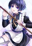  1boy alternate_costume apron argyle_background black_bow black_dress black_sleeves blunt_ends bow crossdressing crossdressing_(mtf) dress enmaided eyeliner eyeshadow fingernails frilled_apron frilled_dress frills genshin_impact hands_up highres holding holding_mop juliet_sleeves long_sleeves looking_at_viewer maid maid_apron maid_headdress makeup male_focus male_maid mop natuo_e neck_ribbon pocket puffy_sleeves purple_eyes purple_hair purple_trim red_eyeliner red_eyeshadow ribbon scaramouche_(genshin_impact) simple_background solo thighhighs tongue tongue_out tsurime twitter_username v-shaped_eyebrows white_apron white_headdress white_sleeve_cuffs white_thighhighs yellow_ribbon 