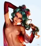  1girl adjusting_hair aqua_hair blue_background breasts cape detached_sleeves final_fantasy final_fantasy_vi green_hair hair_ornament hand_in_hair head_tilt holding holding_hair lips lipstick long_sleeves looking_at_viewer makeup naked_cape navel nipples purple_eyes red_lipstick serious signature simple_background small_breasts solo stomach tina_branford typo_(requiemdusk) upper_body 