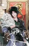  1boy belt black_belt black_gloves black_hair black_hat black_shirt bouquet commentary_request copyright_notice flower gloves grey_jacket grey_pants grin hat holding holding_bouquet jacket jewelry looking_at_viewer male_focus mole mole_under_mouth musical_note necklace nijisanji nijisanji_en official_art pants phonograph pink_eyes rose sample_watermark sheet_music shirt smile solo teeth uminonew watermark white_flower zeal_ginjoka 