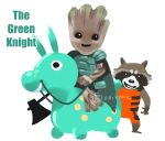  armor axe commentary english_commentary full_body green_armor groot guardians_of_the_galaxy holding holding_axe horse looking_at_viewer marvel no_humans no_lineart onikobe_rin open_mouth raccoon rocket_raccoon simple_background sir_gawain_and_the_green_knight smile white_background 