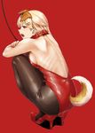  animal_ears ass backless_outfit bare_back blonde_hair breasts collar dog_collar dog_ears dog_tail full_body hair_ornament hairclip high_heels kantai_collection leash leotard medium_breasts nathaniel_pennel open_mouth pantyhose playboy_bunny_leotard red_background red_eyes red_leotard remodel_(kantai_collection) ribs sideboob simple_background solo squatting tail yuudachi_(kantai_collection) 