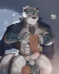  abs anthro balls blush canine clothing erection horkeukamui loincloth male mammal muscular muscular_male penis redwolfalan solo tokyo_afterschool_summoners wolf 