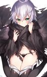  artist_name black_legwear black_panties cloak covered_mouth fate/apocrypha fate_(series) green_eyes jack_the_ripper_(fate/apocrypha) looking_at_viewer lowleg lowleg_panties mika_pikazo navel panties short_hair silver_hair simple_background sitting solo thighhighs torn_clothes underwear wariza white_background 