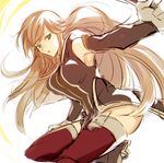 1girl bare_shoulders blue_eyes breasts brown_hair dress elbow_gloves gloves long_hair open_mouth staff tales_of_(series) tales_of_the_abyss tear_grants thighhighs weapon 