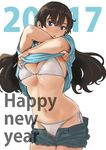  2017 bra breasts brown_hair cameltoe cleavage cowboy_shot cutoffs denim denim_shorts flipped_hair happy_new_year highres large_breasts leaning_forward long_hair looking_at_viewer navel nekoi_mie new_year open_fly original panties pants_pull purple_eyes shirt_lift short_shorts shorts side-tie_panties simple_background solo string_panties underboob underwear white_background white_bra white_panties 