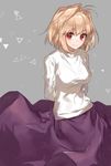  ahoge arcueid_brunestud arms_behind_back asymmetrical_hair bad_id bad_twitter_id blonde_hair breasts chocoan large_breasts long_skirt long_sleeves purple_skirt red_eyes simple_background skirt smile solo sweater tsukihime turtleneck turtleneck_sweater 