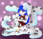  anthro biped breasts clothed clothing eyebrows feline female fur hair humanoid_hands kaliancia long_hair looking_at_viewer mammal navel pantherine simple_background sitting snow_leopard solo spots spotted_fur white_fur zakurujay 