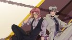  adjusting_eyewear black_hair blue_eyes coat crossed_legs earrings glasses hand_in_pocket hat highres jewelry jojo_no_kimyou_na_bouken kakyouin_noriaki kuujou_joutarou male_focus multiple_boys red_hair scar scar_across_eye tanako_(645316096) turtleneck vest what_if yellow_eyes 