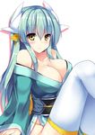  aqua_hair arm_support bangs blush breasts cleavage closed_mouth commentary_request dragon_horns eyebrows_visible_through_hair fate/grand_order fate_(series) from_side hair_ornament horns japanese_clothes kimono kiyohime_(fate/grand_order) knees_up large_breasts long_hair long_sleeves looking_to_the_side obi off_shoulder ryokushiki_(midori-ya) sash sidelocks sitting smile solo thighhighs white_legwear wide_sleeves yellow_eyes 