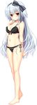  absurdres arm_behind_back barefoot bikini black_bikini blush bow bow_bikini breasts frilled_bikini frills full_body groin hair_bow hairband highres jitome large_breasts long_hair narumi_toa navel official_art red_eyes solo standing swimsuit transparent_background utsunomiya_tsumire wagamama_high_spec white_hair 