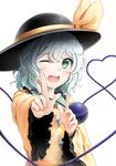  ;d black_hat blouse bow collar frilled_collar frilled_sleeves frills green_eyes hair_between_eyes hat hat_bow hat_ribbon heart heart-shaped_pupils heart_of_string index_finger_raised koi_dance komeiji_koishi looking_at_viewer one_eye_closed open_mouth ribbon short_hair simple_background smile solo symbol-shaped_pupils takupopn_player third_eye touhou upper_body wavy_hair white_background wide_sleeves yellow_blouse yellow_bow yellow_ribbon 
