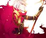  1boy armor blue_eyes bodysuit cape fate/apocrypha fate/extra_ccc fate_(series) karna_(fate) short_hair spear weapon white_hair 