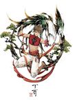  animal bird braid brown_hair chicken chinese_zodiac long_hair looking_at_viewer male_focus midriff new_year original rooster sleeveless solo very_long_hair white_background xiling year_of_the_rooster 