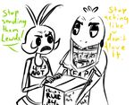  2015 animatronic anthro avian bib bird box chicken dialogue duo english_text female five_nights_at_freddy&#039;s five_nights_at_freddy&#039;s_2 holding_object inkyfrog machine pornography restricted_palette robot simple_background text toy_chica_(fnaf) video_games white_background withered_chica_(fnaf) 