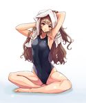  black_swimsuit brown_hair competition_swimsuit full_body idolmaster idolmaster_cinderella_girls indian_style kamiya_nao long_hair looking_at_viewer naga1047 one-piece_swimsuit red_eyes sitting solo swimsuit towel towel_on_head wet 