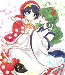  adapted_costume alternate_headwear bad_id bad_pixiv_id blue_eyes bow commentary_request confetti cow_tail detached_sleeves doremy_sweet frog_hair_ornament green_eyes green_hair hair_ornament hat kochiya_sanae long_hair multiple_girls open_mouth pom_pom_(clothes) red_bow santa_hat short_hair snake_hair_ornament star tail tail_bow tama_(hiroshige_36) touhou 