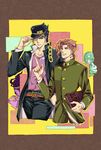  adjusting_clothes adjusting_hat belt black_hair blue_eyes book brown_hair chain earrings gakuran green_eyes hand_in_pocket hat hat_over_one_eye hierophant_green highres holding holding_book index_finger_raised jewelry jojo_no_kimyou_na_bouken kakyouin_noriaki kuujou_joutarou male_focus multiple_boys scar scar_across_eye school_uniform smile stand_(jojo) star_platinum stardust_crusaders stud_earrings tanako_(645316096) 