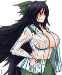  bird_wings black_hair black_wings blush bow breasts center_opening closed_mouth commentary cowboy_shot green_bow green_skirt hair_bow hand_on_hip hanemikakko large_breasts long_hair long_sleeves looking_away open_clothes open_shirt red_eyes reiuji_utsuho see-through shirt sketch skirt smile solo sweat touhou wet wet_clothes wet_shirt wings 