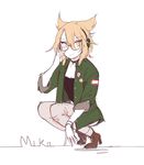  bespectacled blonde_hair blush breasts character_name choker cleavage contemporary earmuffs full_body glasses green_jacket high_heels highres jacket medium_breasts open_clothes open_jacket pants pointy_hair shan sketch smile solo squatting touhou toyosatomimi_no_miko yellow_eyes 