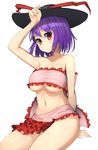 absurdres arm_behind_back arm_up bare_shoulders blush breasts cleavage commentary_request frills hat hat_ribbon highres large_breasts looking_at_viewer midriff nagae_iku naked_shawl navel oruka_(kamituki0827) purple_hair red_eyes ribbon shawl short_hair simple_background sitting solo thighs touhou underboob white_background 