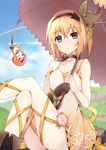  black_choker blonde_hair blue_eyes blue_sky choker cloud collarbone commentary_request crossed_legs day edna_(tales) gloves hair_ribbon hairband leg_ribbon looking_at_viewer outdoors ribbon short_hair side_ponytail single_glove sitting sky solo sxupxdxxy tales_of_(series) tales_of_zestiria tress_ribbon umbrella 