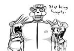  2015 animatronic anthro black_and_white bow_tie buckteeth carrying clothing dialogue english_text five_nights_at_freddy&#039;s five_nights_at_freddy&#039;s_2 group hat human inkyfrog lagomorph machine male mammal mask monochrome rabbit robot security_guard simple_background teeth text toy_bonnie_(fnaf) uniform video_games white_background withered_bonnie_(fnaf) 