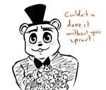  2015 :3 animatronic anthro bear blush bouquet bow_tie dialogue english_text five_nights_at_freddy&#039;s flower freddy_(fnaf) hat inkyfrog looking_at_viewer machine male mammal plant restricted_palette robot simple_background smile solo talking_to_viewer text top_hat video_games white_background 