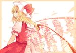  alternate_wings blonde_hair bow cherry_blossoms closed_mouth flandre_scarlet from_side hat hat_ribbon long_hair looking_away mob_cap profile puffy_short_sleeves puffy_sleeves red_eyes red_ribbon ribbon short_sleeves side_ponytail skirt skirt_set solo tama_(soon32281) touhou wings 