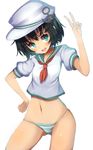  :d anchor_symbol black_hair commentary_request cowboy_shot crop_top dress_shirt green_eyes hat highres looking_at_viewer midriff murasa_minamitsu navel no_pants open_mouth oruka_(kamituki0827) panties puffy_sleeves sailor sailor_hat shirt short_hair short_sleeves simple_background smile solo striped striped_panties touhou underwear v v-shaped_eyebrows white_background 
