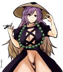  adjusting_clothes adjusting_hat ajirogasa bead_necklace beads breasts brown_hair closed_mouth commentary_request cowboy_shot gradient_hair hanemikakko hat hijiri_byakuren huge_breasts jewelry key long_hair looking_at_viewer multicolored_hair necklace prayer_beads puffy_short_sleeves puffy_sleeves purple_eyes purple_hair short_sleeves smile solo touhou 
