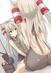  amatsukaze_(kantai_collection) backless_dress backless_outfit bare_arms bare_shoulders breasts butt_crack dress dutch_angle hair_tubes halterneck highres kantai_collection kugehi long_hair meme_attire mirror naked_sweater reflection rensouhou-kun ribbed_sweater sideboob silver_hair sitting small_breasts solo sweater sweater_dress turtleneck turtleneck_sweater two_side_up virgin_killer_sweater yellow_eyes 