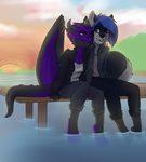  anthro canine clothed clothing dragon duo female fur hair horn hug male male/female mammal outside redpixie sitting smile wings 
