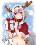  adyisu altair_floone antlers bangs bell bell_collar capelet christmas collar commentary_request eyebrows_visible_through_hair gift grey_hair hair_between_eyes holding holding_gift looking_at_viewer midriff navel open_mouth original sack santa_costume short_hair smile snow solo tail twitter_username upper_body 