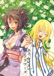  2girls black_hair blonde_hair blush breasts capelet cleavage collet_brunel dress eyes_closed flower green_eyes hand_holding japanese_clothes jewelry long_hair multiple_girls open_mouth pants ponytail ribbon sheena_fujibayashi tales_of_(series) tales_of_symphonia 