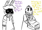  2015 animatronic anthro avian bib bird bow_tie box chicken dialogue duo english_text female five_nights_at_freddy&#039;s holding_object inkyfrog lagomorph machine male mammal rabbit restricted_palette robot simple_background text video_games white_background withered_bonnie_(fnaf) withered_chica_(fnaf) 