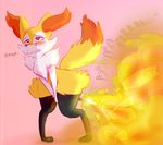  anthro biting_lip blush braixen canine explosion fakerface45 fart female fire fox freckles fur inner_ear_fluff knock-kneed mammal nintendo pink_background pok&eacute;mon simple_background solo sound_effects stick video_games white_fur yellow_fur 