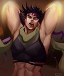  abs arms_up bad_id bad_pixiv_id battle_tendency blood blood_from_mouth crop_top glowing green_eyes green_scarf headband jojo_no_kimyou_na_bouken joseph_joestar_(young) male_focus midriff open_mouth oppi_(ksop28) purple_hair scarf solo watermark 