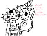  &lt;3 2015 2_heads animatronic anthro blush canine dialogue duo english_text exposed_endoskeleton eye_patch eyewear female five_nights_at_freddy&#039;s five_nights_at_freddy&#039;s_2 fox foxy_(fnaf) inkyfrog machine male mammal mangle_(fnaf) multi_head restricted_palette robot simple_background sweat text video_games white_background 