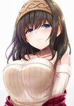  azuki_yui bad_id bad_pixiv_id black_hair blue_eyes blush breasts hairband half-closed_eye highres idolmaster idolmaster_cinderella_girls jewelry large_breasts long_hair off-shoulder_sweater pendant sagisawa_fumika shawl solo sweater 